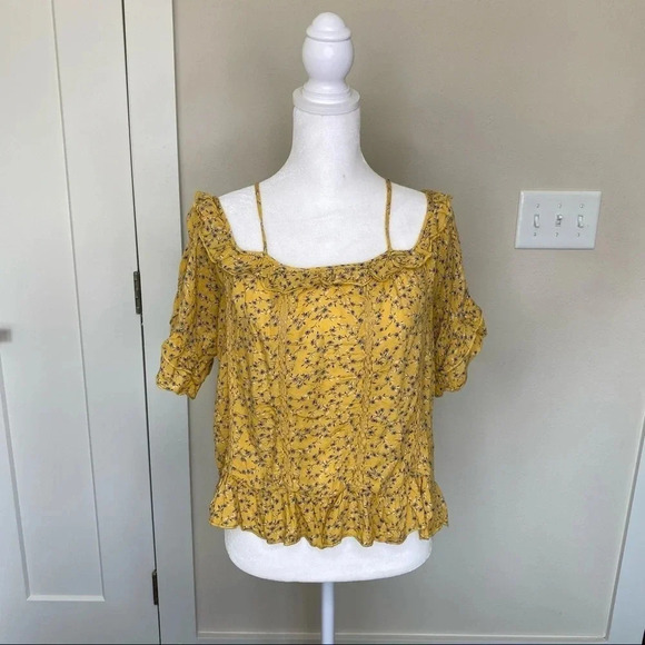 American Eagle Yellow and Blue Floral Print Off The Shoulder Top Ruffles Straps - Picture 2 of 12